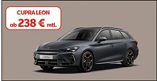 Fahrzeugbild Neuwagen grauer CUPRA Leon vor einem orangenen Hintergrund mit Textfeld CUPRA Leon ab 238 (Cupra)