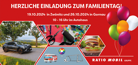 Plakat Familientag mit Luftballons, Feuerwehr, Glücksrad, Burger (Ratio Mobil)